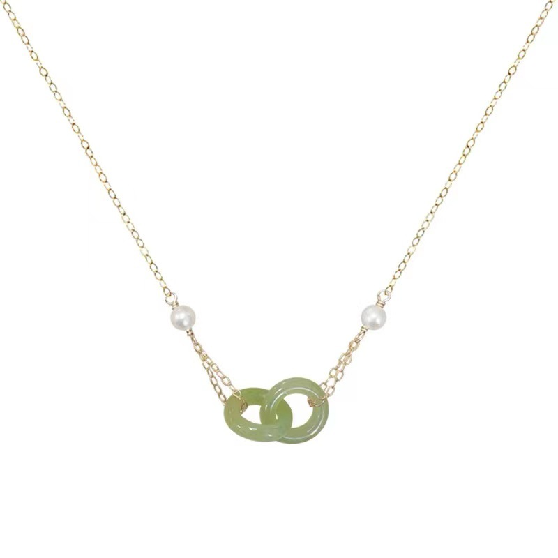 Natural Hetian Jade Pearl Round Double Ring Necklace For Women