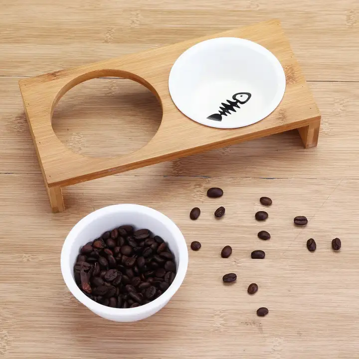 Elevated Dog And Cat Bamboo Pet Feeder Ceramic Bowl Raised Stand