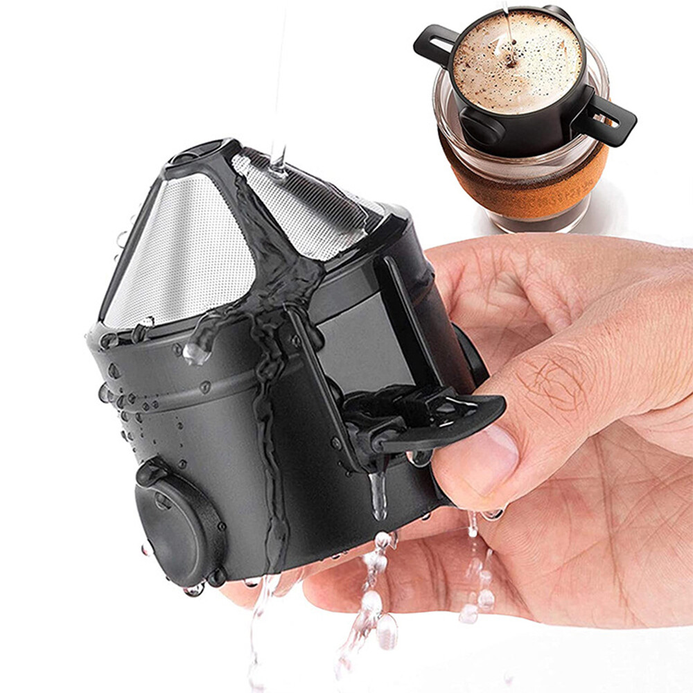 Coffee Filter Cup Telescopic Drip Coffee Filter 304 Stainless Steel Double-layer Drip Coffee Dripper Foldable Tea Infuser Mesh Paperless Portable Holder
