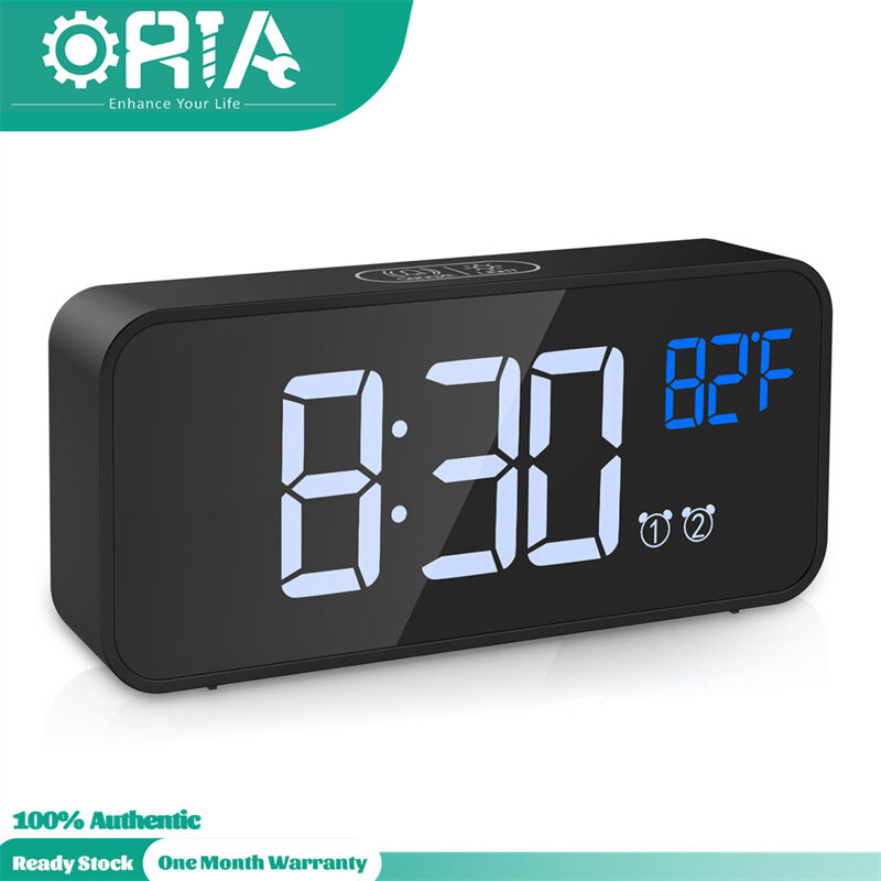 ORIA Digital Alarm Clock 12/24H Format Mirror LED Music Digital Clock Voice Control Dual Alarm Desk Clock with Snooze USB Charging Port for Bedroom Bedside Office  Students Kids Elderly