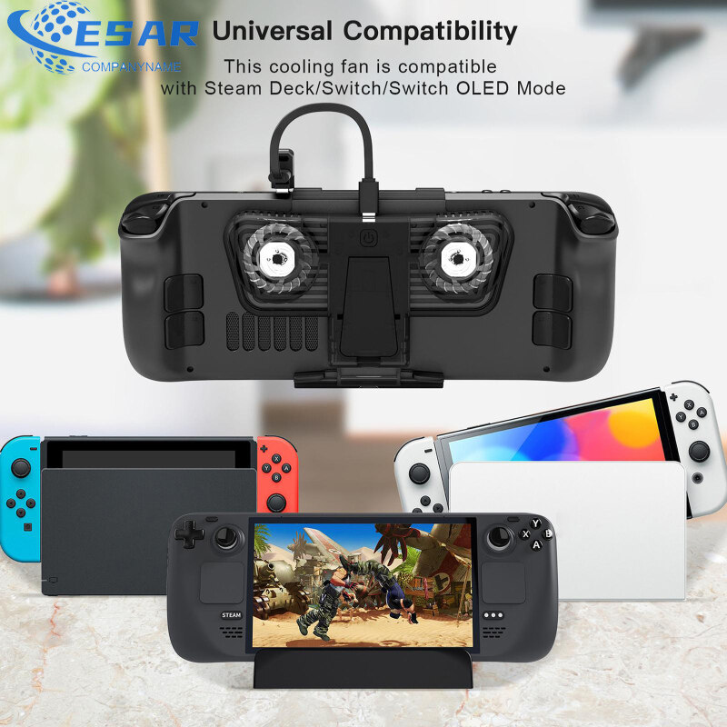 Ergonomic Cooling Fan With Bracket Compatible For Steamdeck / Switch / Oled Host With Dual C-port Adapter