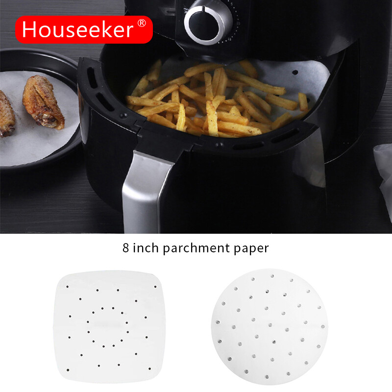 Houseeker 100pcs/set Baking Paper 8 inch Air Fryer Liners Perforated Wood Pulp Papers Non-Stick Steaming Basket Mat Baking Accessories
