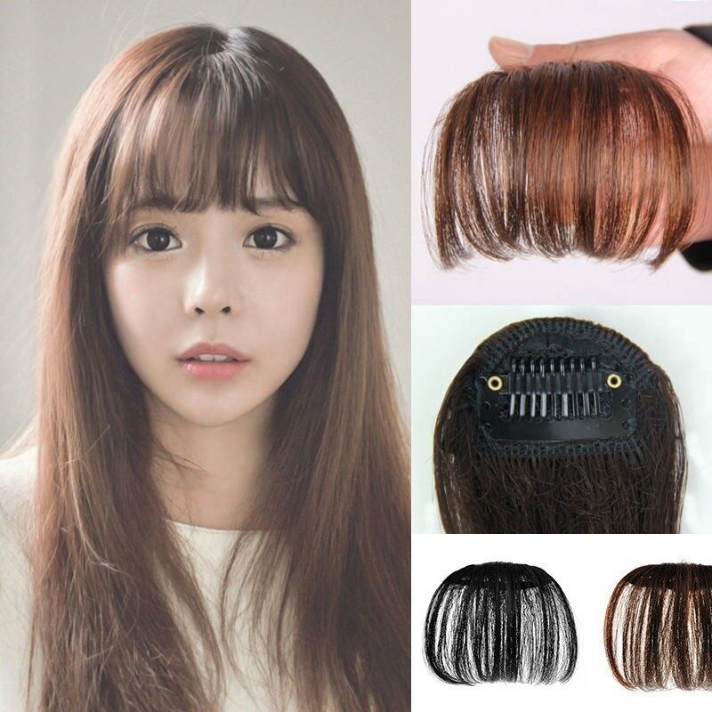 Women Thin Neat Air Bangs Human Hair Extensions Clips In Fringe Front Hair Piece