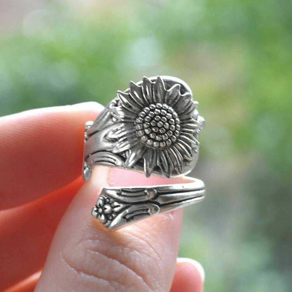 Handmade Vintage 925 Silver Sunflower Spoon Ring Boho Retro Wedding Jewelry Adjustable