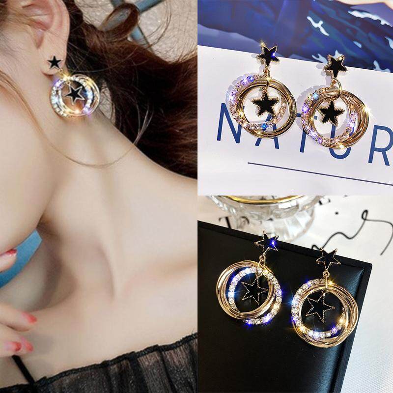 Crystalbeauty Anting Bulat Bintang Anting-Anting Menjuntai Anting Hoop Ornamen Aksesoris Anti Alergi Telinga 1 Pasang Fashion Kecantikan Perhiasan Memulihkan Cara Kuno