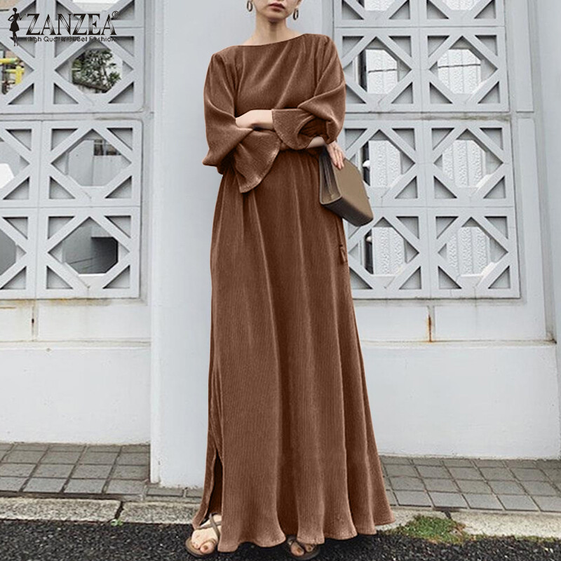 MOMONACO ZANZEA Muslimah Womens Muslim Abaya Kaftan Flared Sleeve Split Dress Loose Causal Plain Dress Maxi MCO