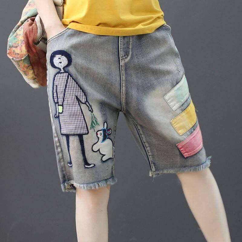 Women Denim Short Summer Retro Loose Embroidered High Elastic Waist Rolled Edge Pant Rabbit Patchwork Washed Denim Material Artsy Style