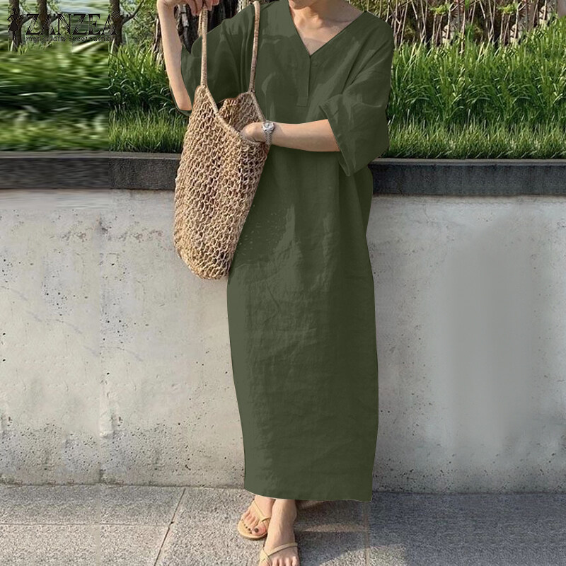 ZANZEA Đầm Dài Cotton Màu Trơn Cổ Chữ V Tay 3/4 Đơn Giản Cho Nữ Áo Kaftan Đầm Xòe Rộng #8