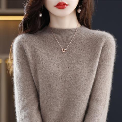 Hollow Out Solid Color Knitted Sweater Women's Half High Collar Loose Pullover Long Sleeved Sweater Korean Version Versatile Short Style Knitted Sweater Worn Inside and Outside