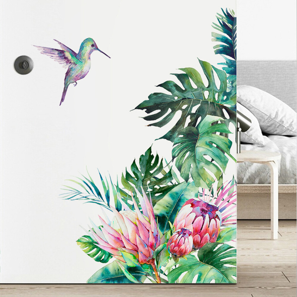 Tropical Plant Leaf Flower Bird Wall Sticker Living Room Background Decal Decor