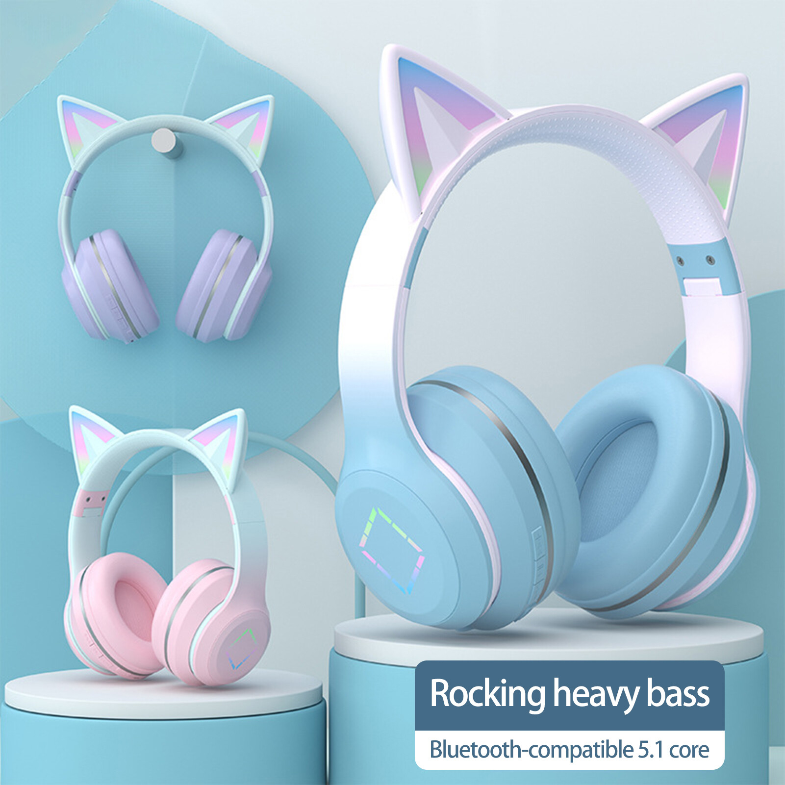 1 Set DR57 Wireless Headset Bluetooth-compatible 5.1 with Cool RGB Light Stereo Surround 200mAh Noise Reduction Cat Ear Wireless Headphone Sports Supply