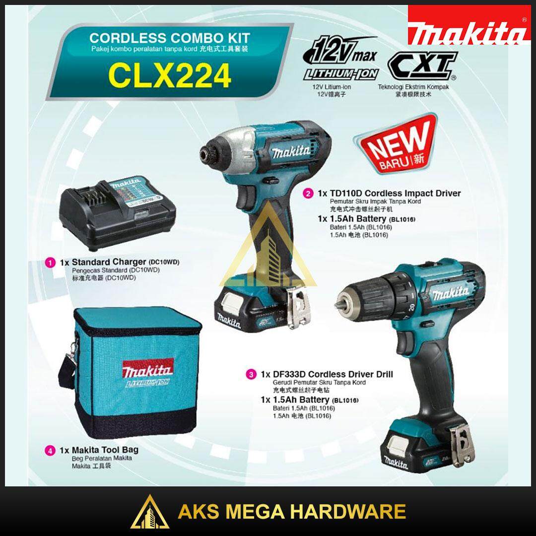 Makita CLX224 DF333D Driver Drill TD110D Impact Driver Tool Bag 12V Max Cordless Combo Kit with Charger 2 x Battery Lazada