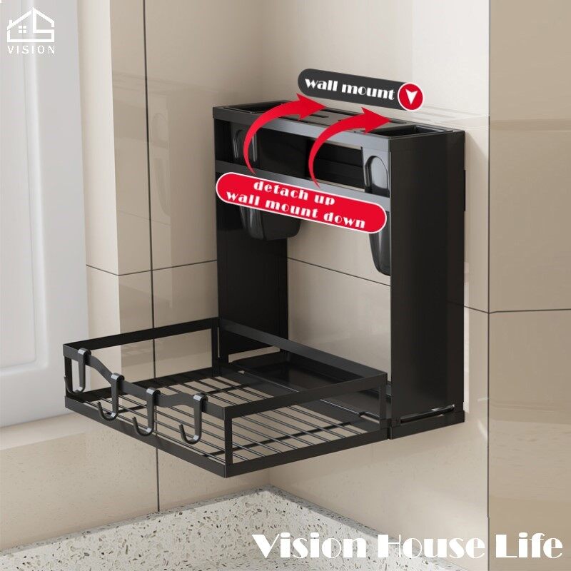 Vision Wall Mounted Kitchen Storage Rack Foldable Seasoning Rack Hole Free Rest Holder Multifunctional Chopsticks Barrel Chopping Board Storage Rack Tableware Storage Shelf