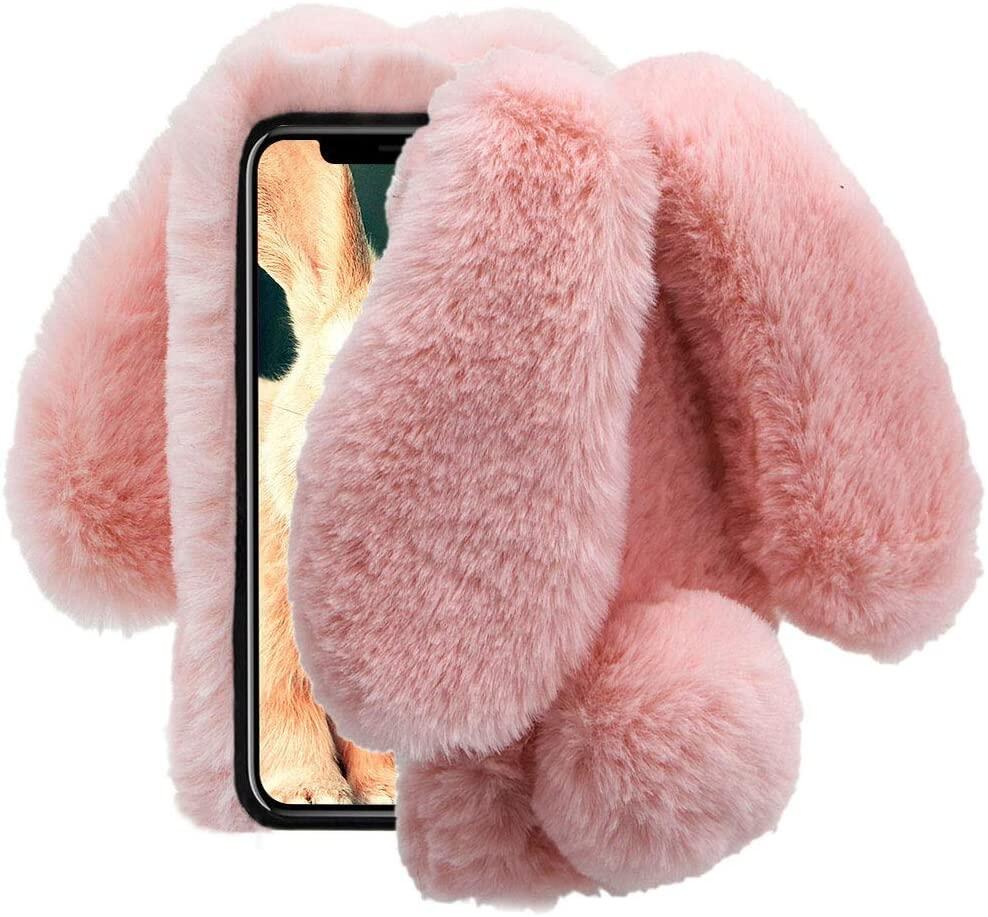 For Samsung Galaxy A10S A21S A32 A52 A72 A12 A42 A11 Note 10 lite S10 lite A50 A51 A71 S21 Ultra Plus Case Rabbit Warm Furry Fluffy Ball Hair Plush Bumper Case
