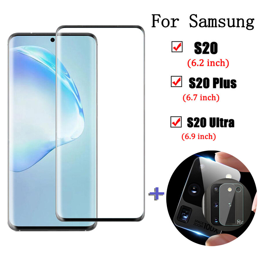 2 in 1 For Samsung Galaxy Tempered Glass HD Full Screen Coverage All Glue Curved With Camera Lens Protector Film (S20+）