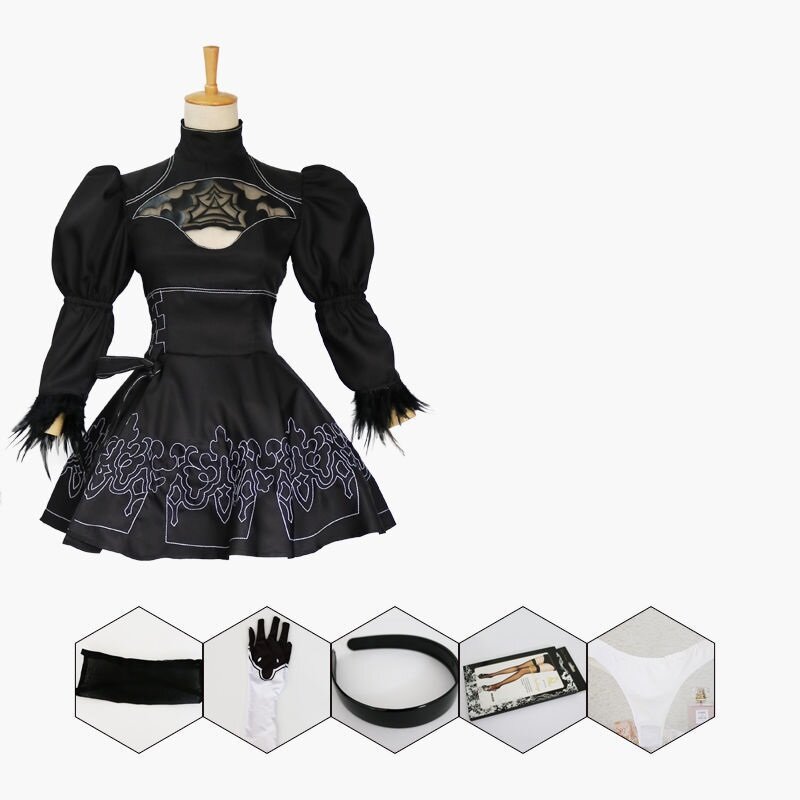 Women Clothes Nier Automata Yorha 2B Cosplay Dress Suit Anime Women Dresses Costume Set Fancy Black Dress (Without Wig)