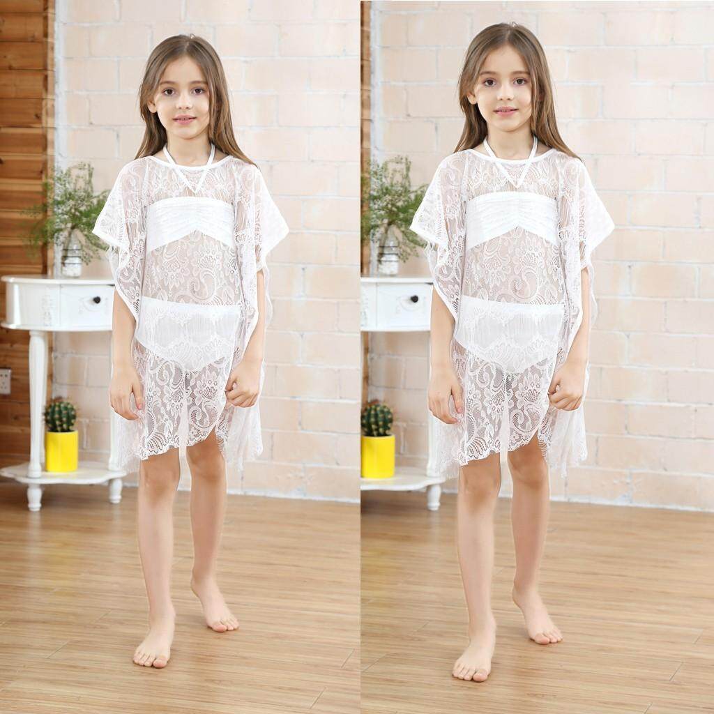 ชุดว่ายน้ำเด็กบิกินี่เด็กหญิงเสื้อชายหาด + กางเกงขาสั้น + ผ้าคลุมไหล่ลูกไม้ชุดว่ายน้ำชุด
