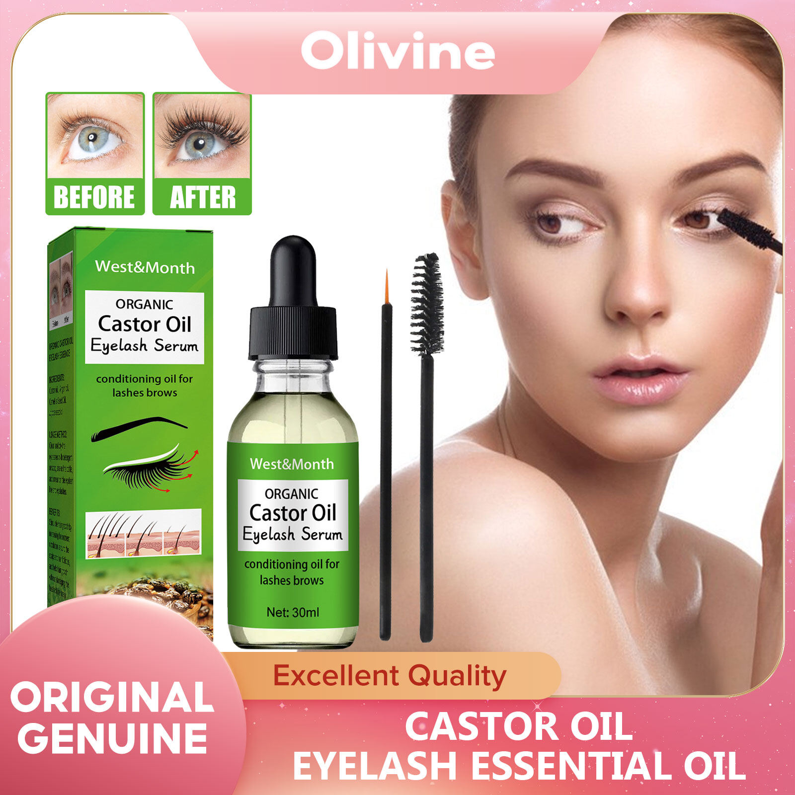 West&Month Castor Oil Eyelash Essential Oil Naturally Slender Dark Dense Moisturizing Curling And Traceless Essential Oil Natural Castor Oil Eyelashes Growth Essential Oil Thick Longer Nourishing Enhancer Lash Eyebrow Hair Growth Liquid Castor Serum