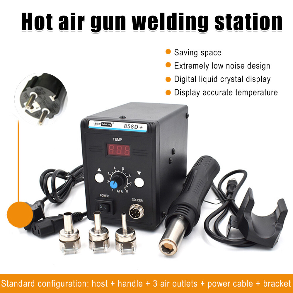 Aideepen 110v/220v 858d smd led digital display soldering desoldering station hot air rework station welding ic pcb hot air g-un with 3 nozzles