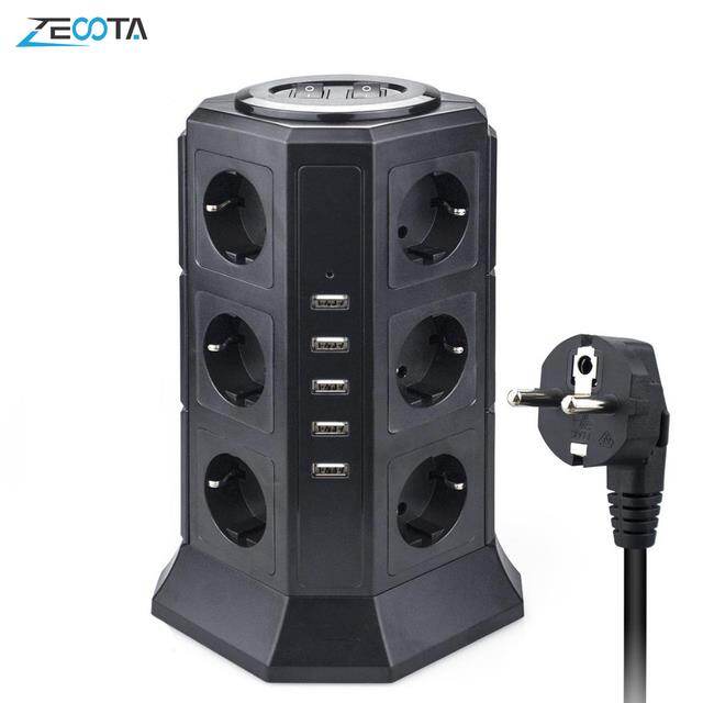 [HOT W] Tower Multi Power Strip Vertical EU Plug 12 Way Outlets Sockets with USB Surge Protector Circuit Protection 2m Extension Cord