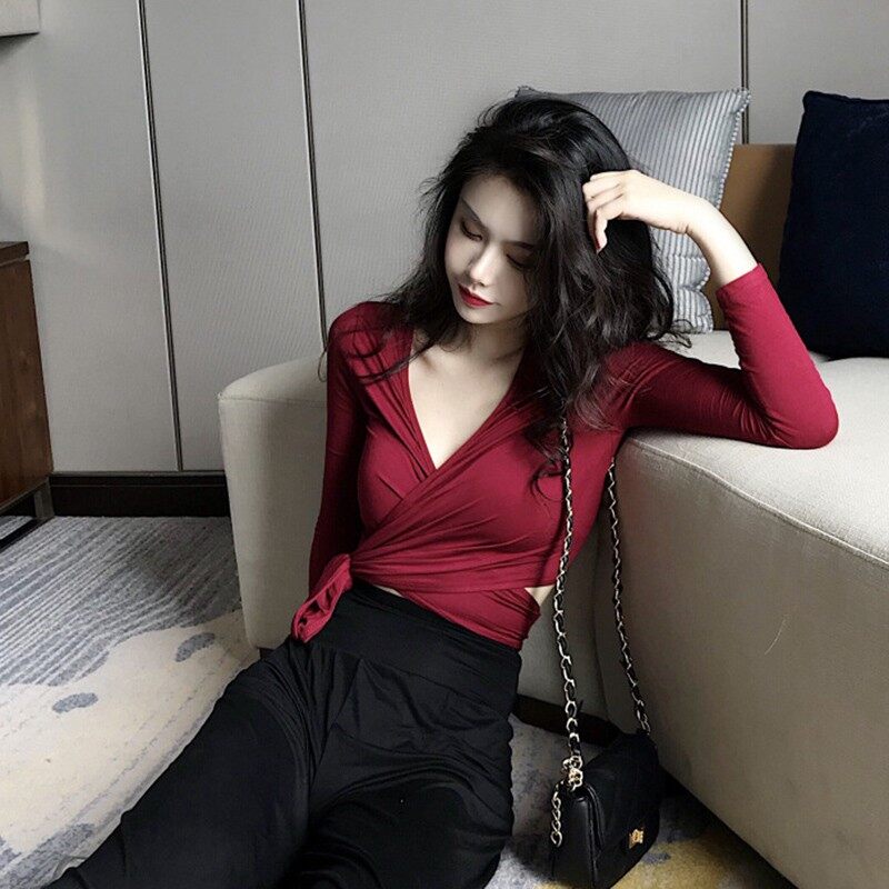 Kaus Crop Lengan Panjang Wanita Atasan Crop Kerah V Seksi Ramping Modis Warna Polos Lazada Indonesia