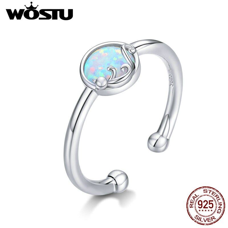 WOSTU 925 Sterling Silver Opal Stone Cat Rings for Women Adjustable Open Finger Band Fine Jewelry Korean Style ZBSCR651