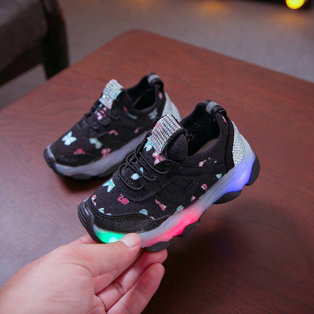 New Children Kids Shoes Boys Girls Butterfly Crystal LED Luminous Sports Run Night Light Breathable Sneakers