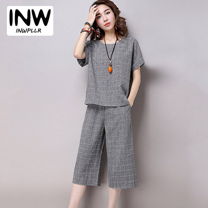 INWPLLR Women's Plaid Suit Casual Short Sleeve Shirt And Cropped Pants Korean Large Size Sets For Female Fashion Checkered Set Suits（Shirt+Pants)
