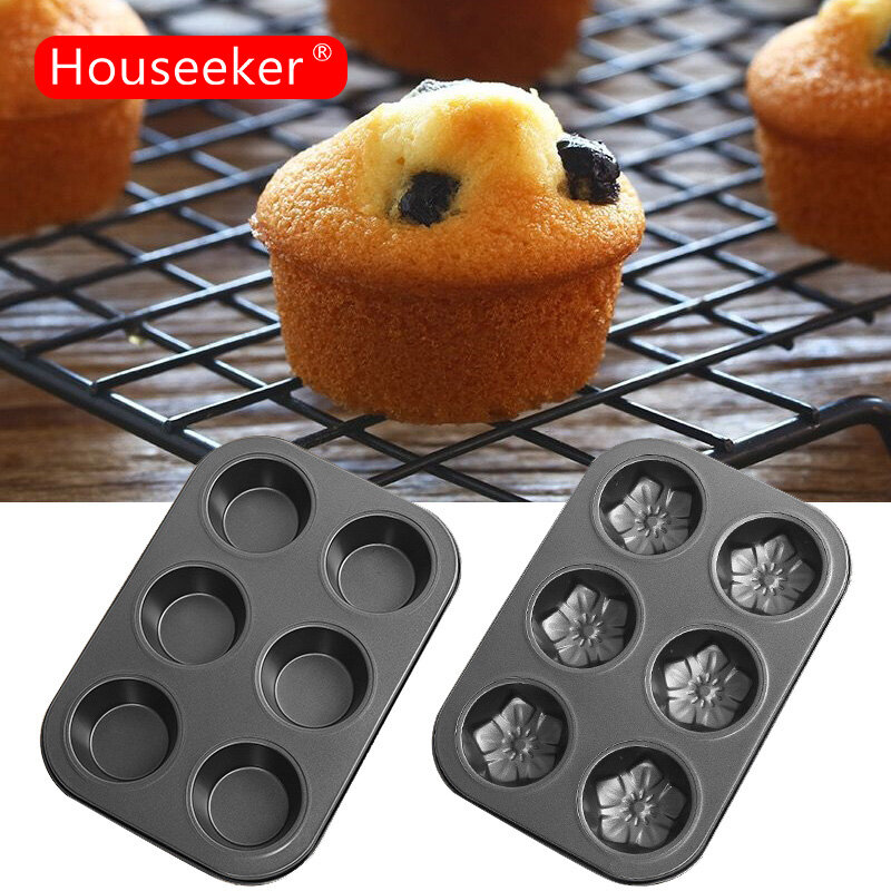 Houseeker 6 Grids Cupcake Mold Carbon Steel Egg Tart Cake Mold Fondant Baking Tools