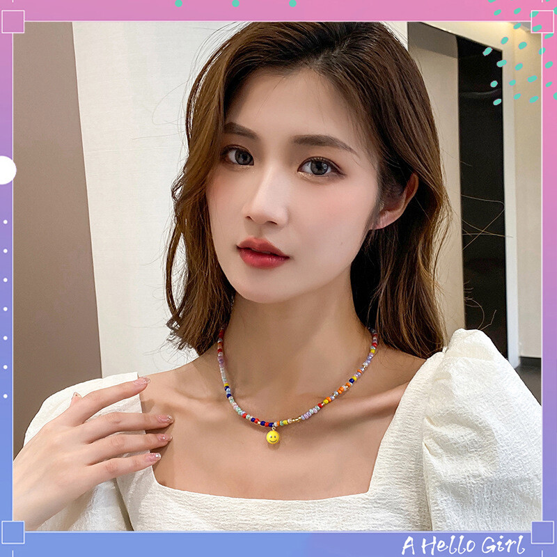 2023 new irregular colorful beaded smiley pendant necklace a hello girl