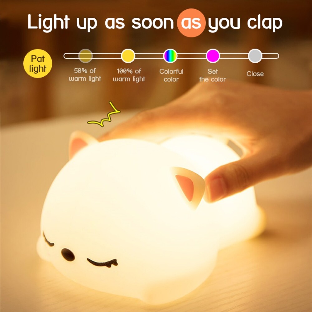 Terylin Sleeping Cat USB Pat Remote Control LED Silicone Night Light Desk Bedside Lamp