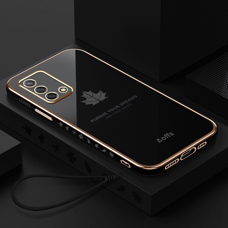 YBD Straight Edge Plating Phone case For OPPO A74 F19 casing, Precise Camera Protection case Maple leaf pattern cover with Free lanyard
