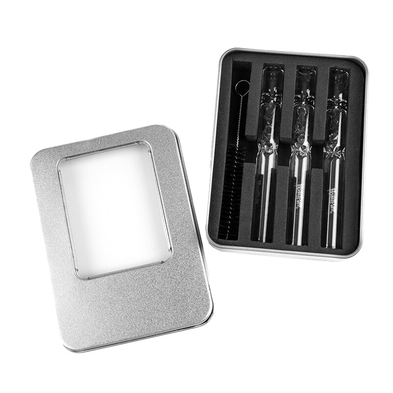 3pcs Borosilicate Glass One Hitter Pipe Bat+Metal Tip Storage Case+Brush Kit