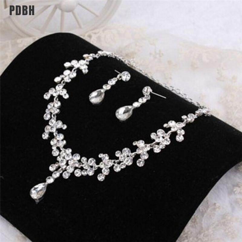 Women Silver Jewelry Sets Wedding Bridal Crystal Rhinestone Necklace Earrings