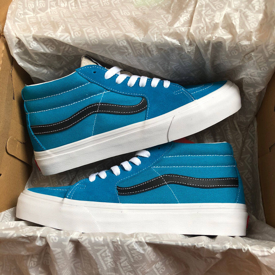 【Classic】Vans SK8Mid สีฟ้า Checkboard คู่ Sidestripe รองเท้าผ้าใบ