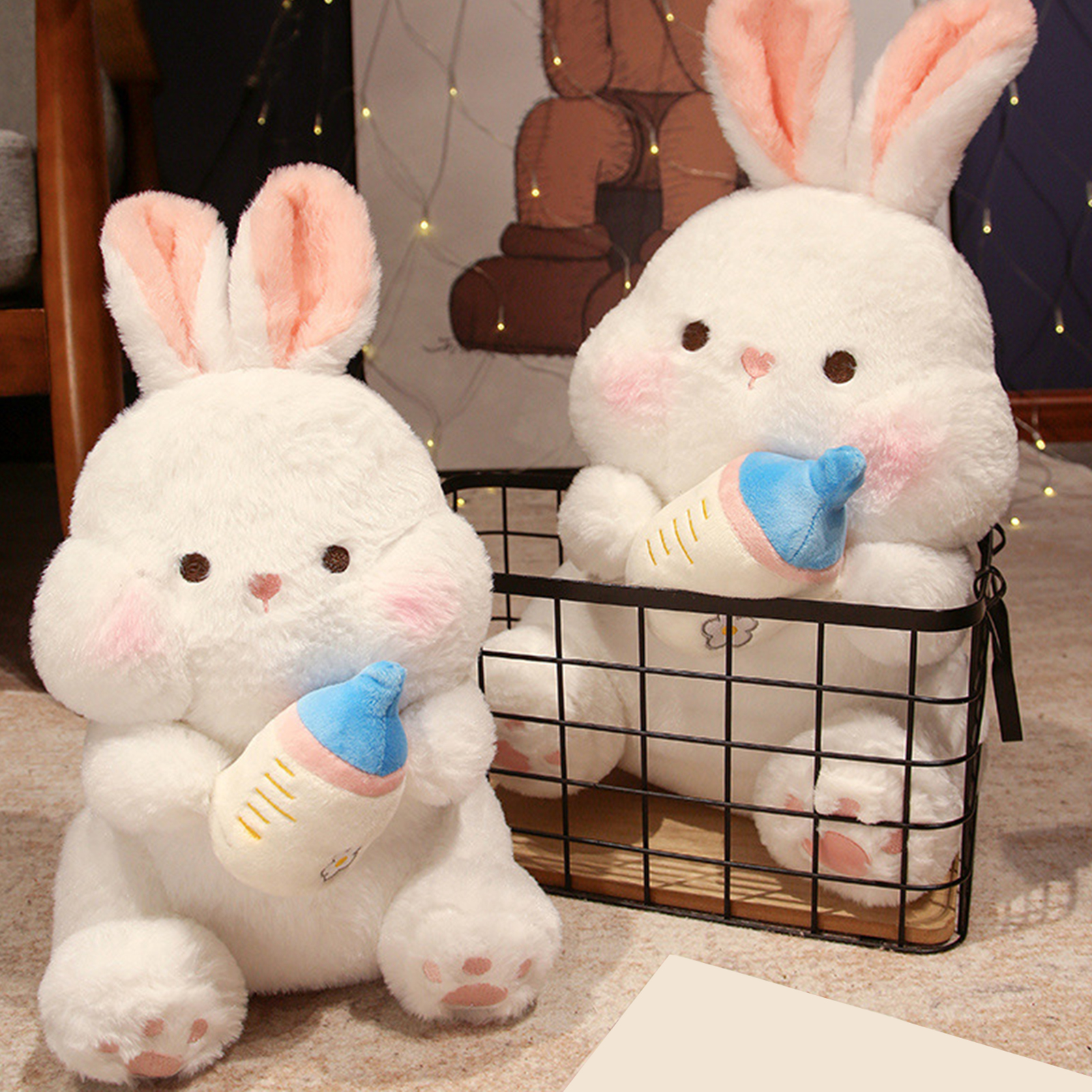 Rabbit Plush Toy Hold A Milk Bottle Cartoon Bunny Doll Plushies Companion Throw Pillow Stuffed Animal Plush Cartoon Doll Toy Kids Girl Gift