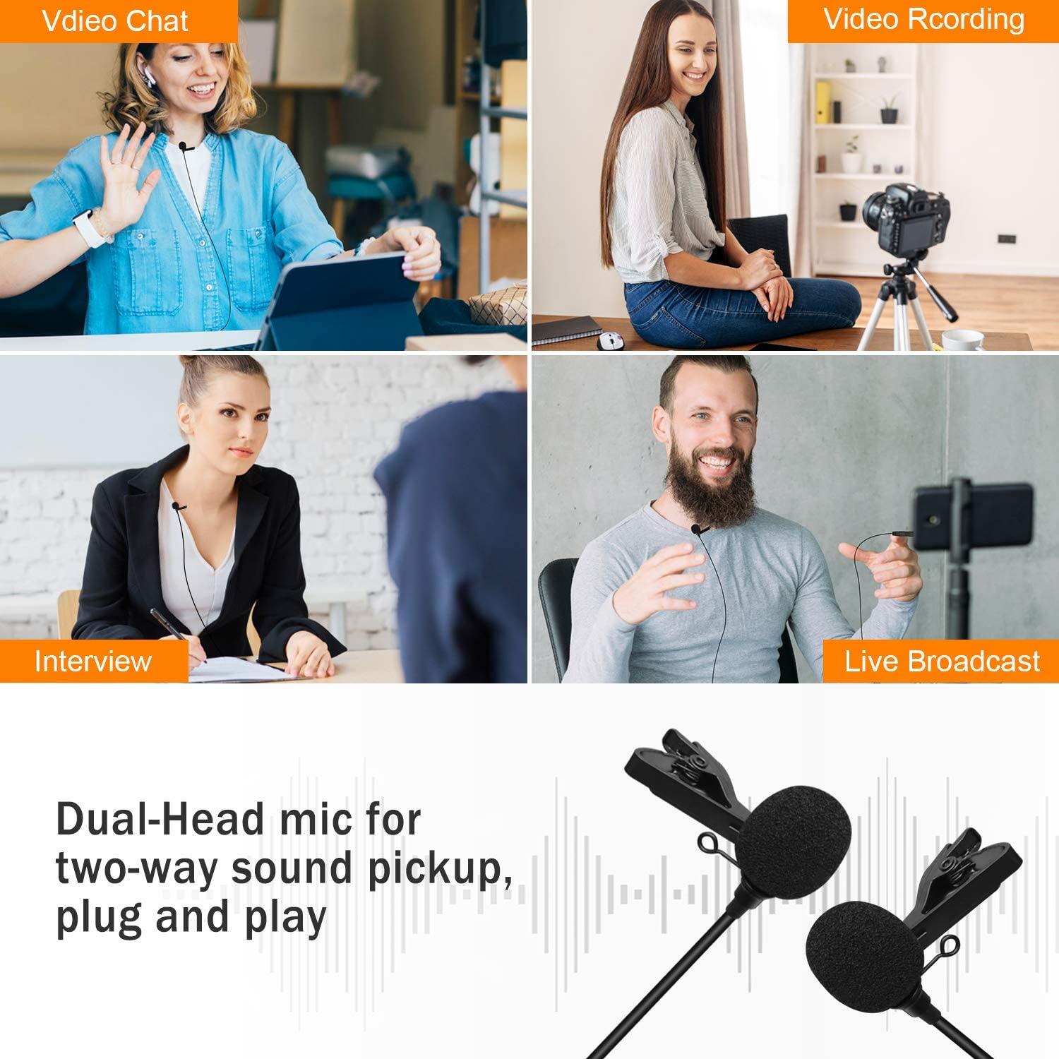 Comica CVM-D02B Dual-head Wired Lapel Microphone Lavalier Condenser Microphone Omnidirectional Double Lav Mic for Phone Camera Gopro(3.5mm TRS)