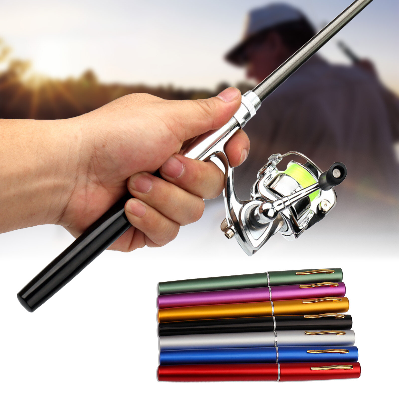 Sanwood® 1.6m Pen Shape Telescopic Mini Fishing Pole Rod with Metal Spinning Reel Wheel