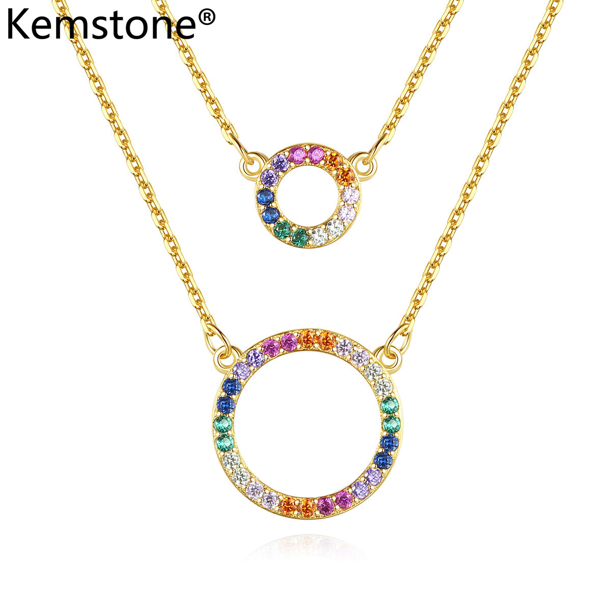 Kemstone 925 Silver Geometry Circle White Multicolor Rainbow Crystal Female Pendant Necklace for Women's Jewelry Gift