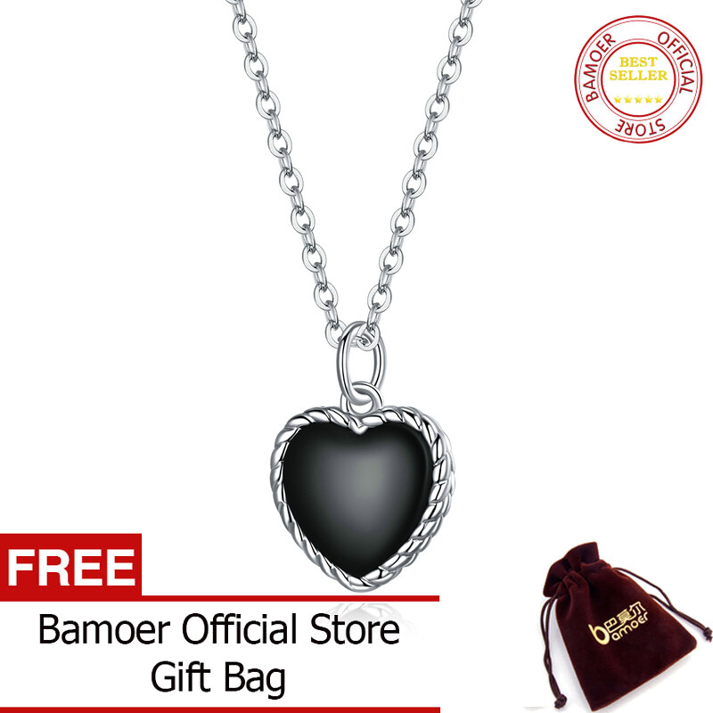 BAMOER Real 925 Sterling Silver Black Heart Love Pendant Vintage Necklace Women Statement Jewelry Gift SCN443
