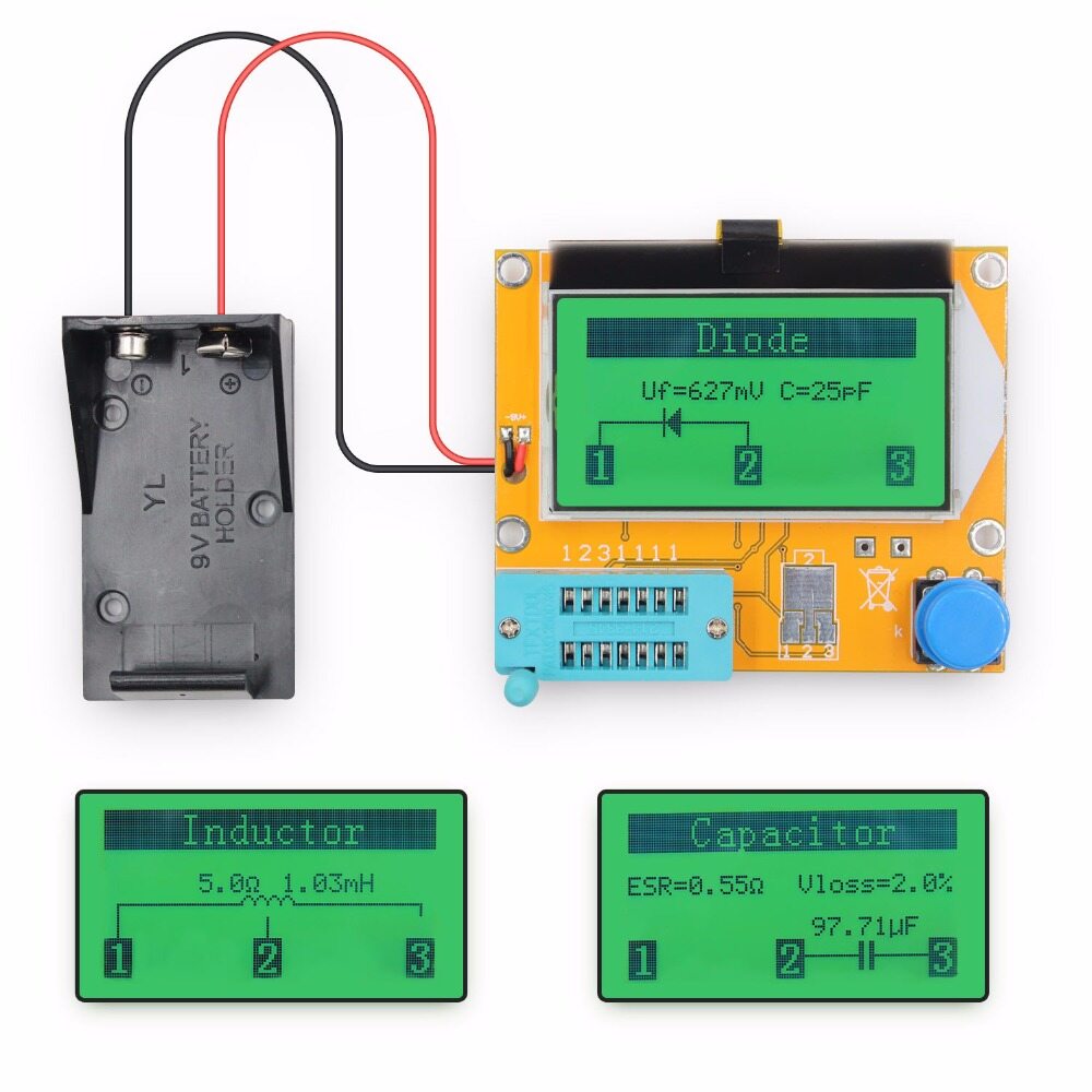 LCR-T4 VOKTTA Nguyên Bản Máy Kiểm Tra Bóng Bán Dẫn Kỹ Thuật Số Mega328 Máy Đo Điốt Triode Điện Dung LCR T4, Màn Hình LCD 12864 9V Cho MOSFET/JFET/PNP/NPN