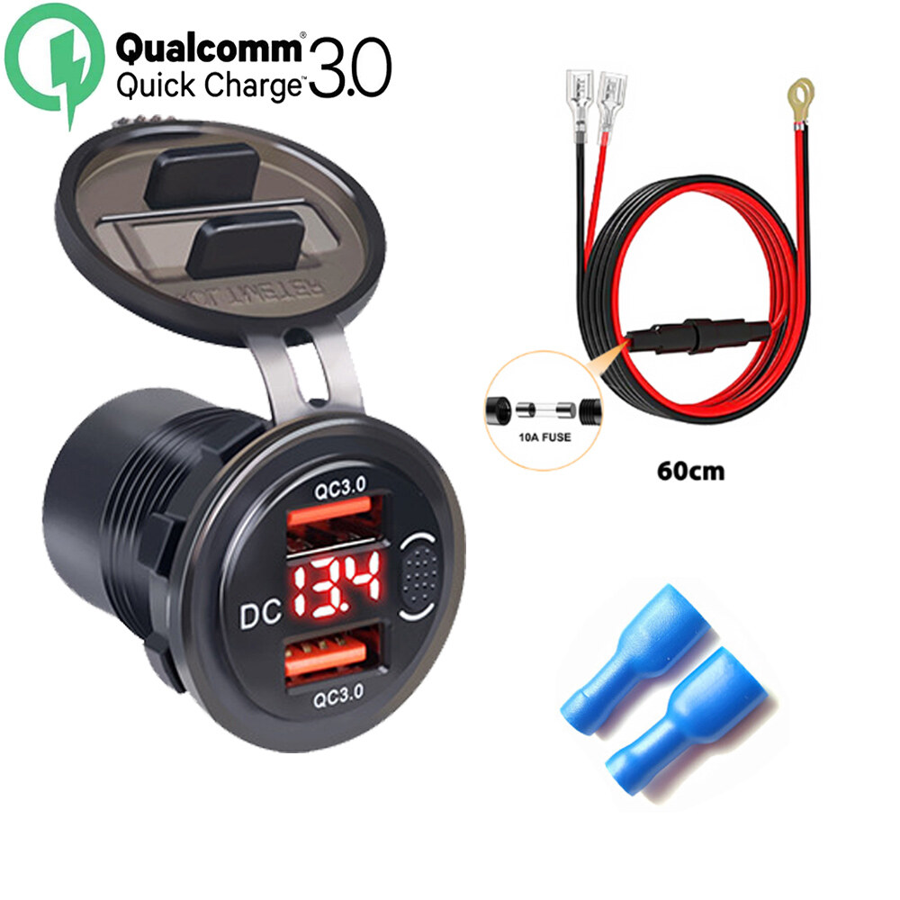 12-24v dual usb qc3.0 quick charging with switch led voltage display waterproof car charger with 60cm cable