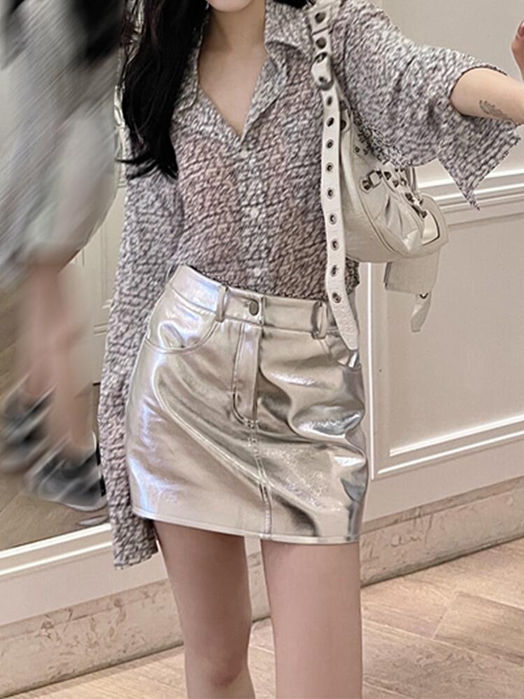Lautaro Summer Autumn Pink Silver Reflective Shiny Patent Leather Mini Skirts For Women High Waist A Line Short Y2K Clothes