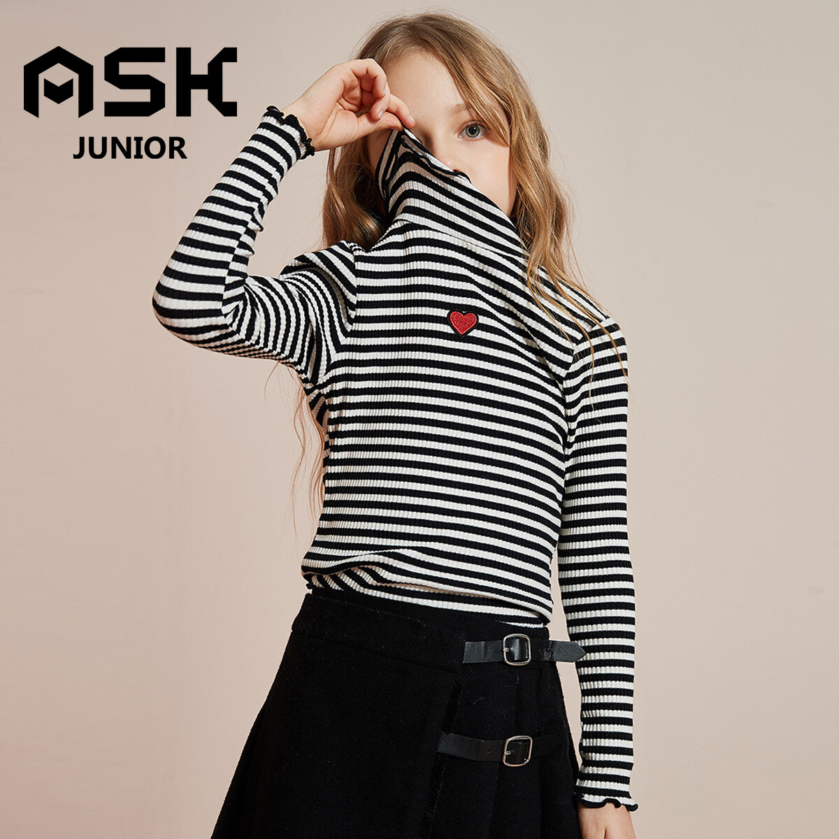 ASK JUNIOR Girls Casual Love Pattern T-Shirt Striped Long Sleeve Undershirt