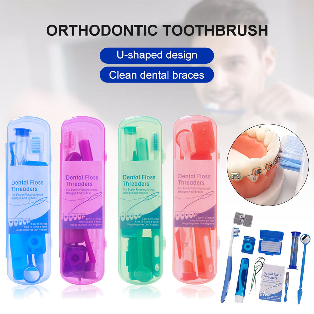 Gambar karang gigi teeth cleaner whitening teeth waterpik water floss tooth pick 8pcs Orthodontic Dental Care Kit Set Braces Toothbrush Foldable, Dental Mirror, Interdental Brush and More with Carrying Case