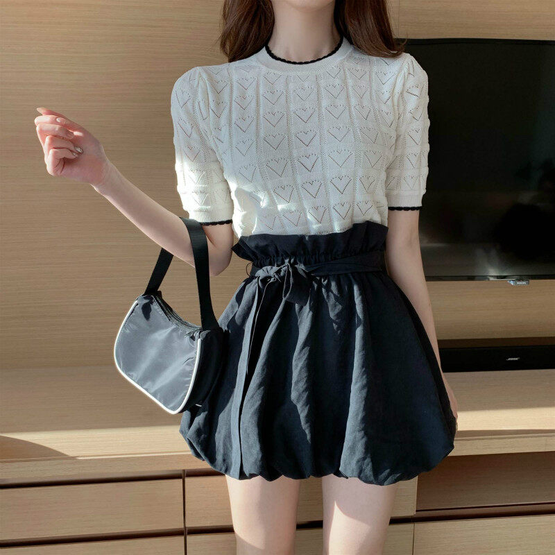 Love Printing Hollow out Knitted Short-sleeved T-shirt Women Thin Korean style Loose Top