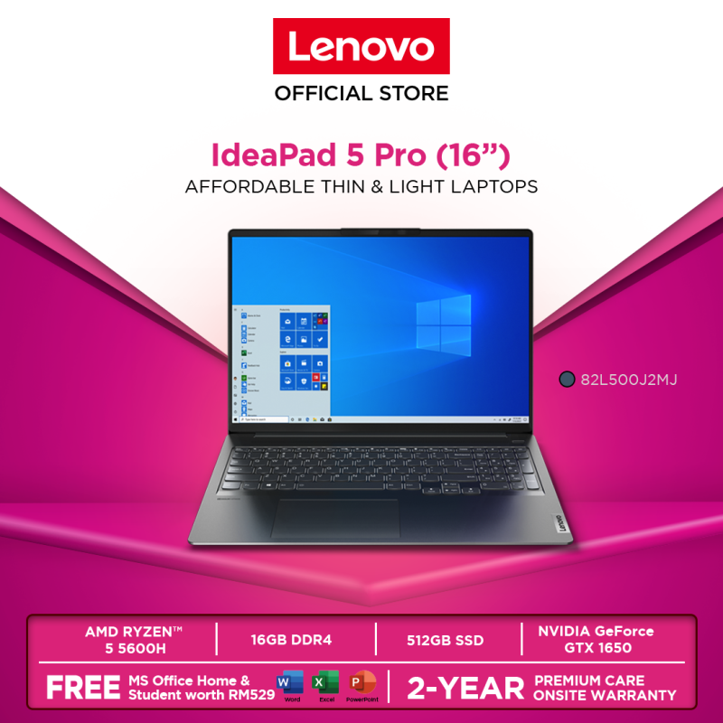 Lenovo IdeaPad 5 Pro|82L500J2MJ|16Storm Grey|Ryzen 5|16GB|512GBSSD|GTX1650|W10H|OFFICE H&S|2YR WRTY|FOC: BACKPACK(WHILE STOCK LAST) Malaysia
