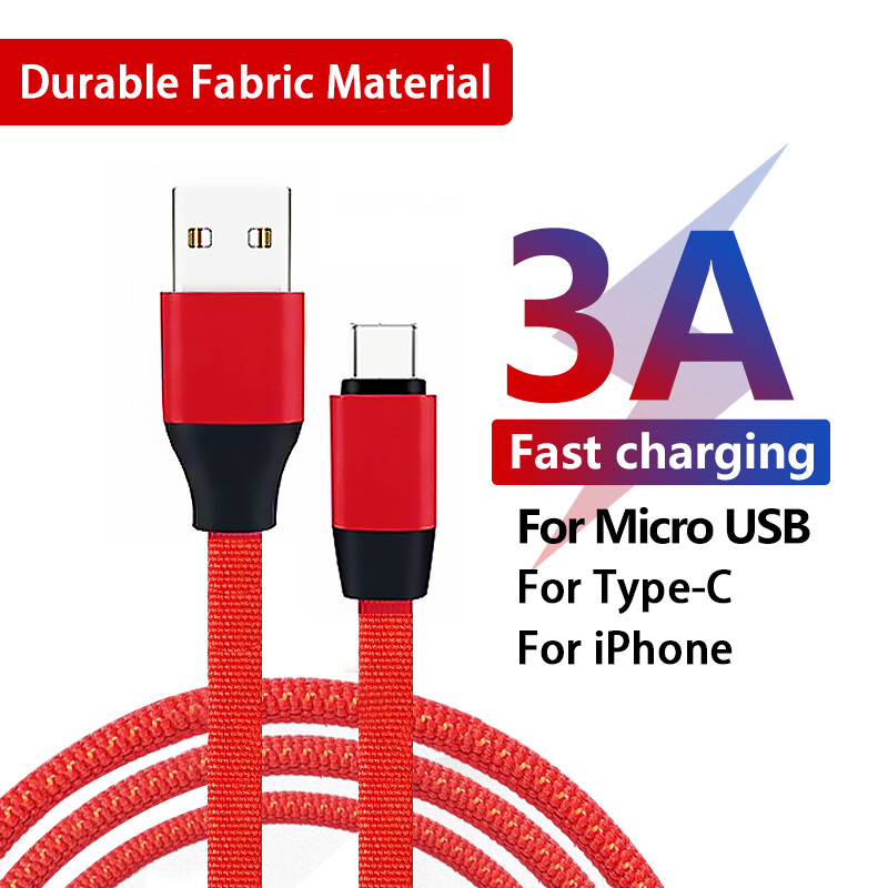 CrashStar 【Flat Braided Cable 】 3A 1M USB Cord Charging Cable Fast Charger For Type-C / Micro Android / IOS iPhone Flat Noodles 5 Colors Cable