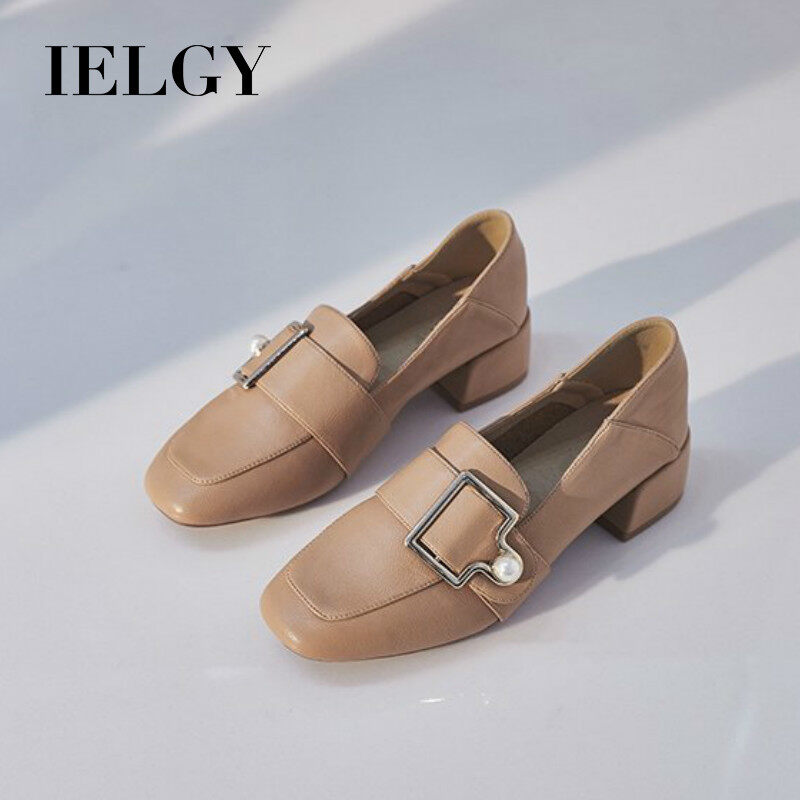 IELGY women's small leather shoes shallow mouth british style chunky heel square toe shoes