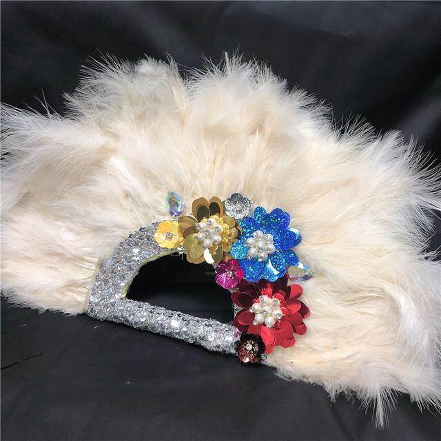 Big Size Design African White Feather Fan Ladies Wedding Feather Fan For Bride Double Side Feather Nigerian Flower Handfan